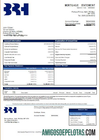 Declaração de hipoteca do banco Haiti BRH Scr exemplo